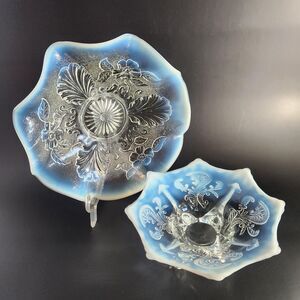 Antique EAPG White Opalescent Glass Card Receiver & Bowl 2 Pc. Dugan Northwood